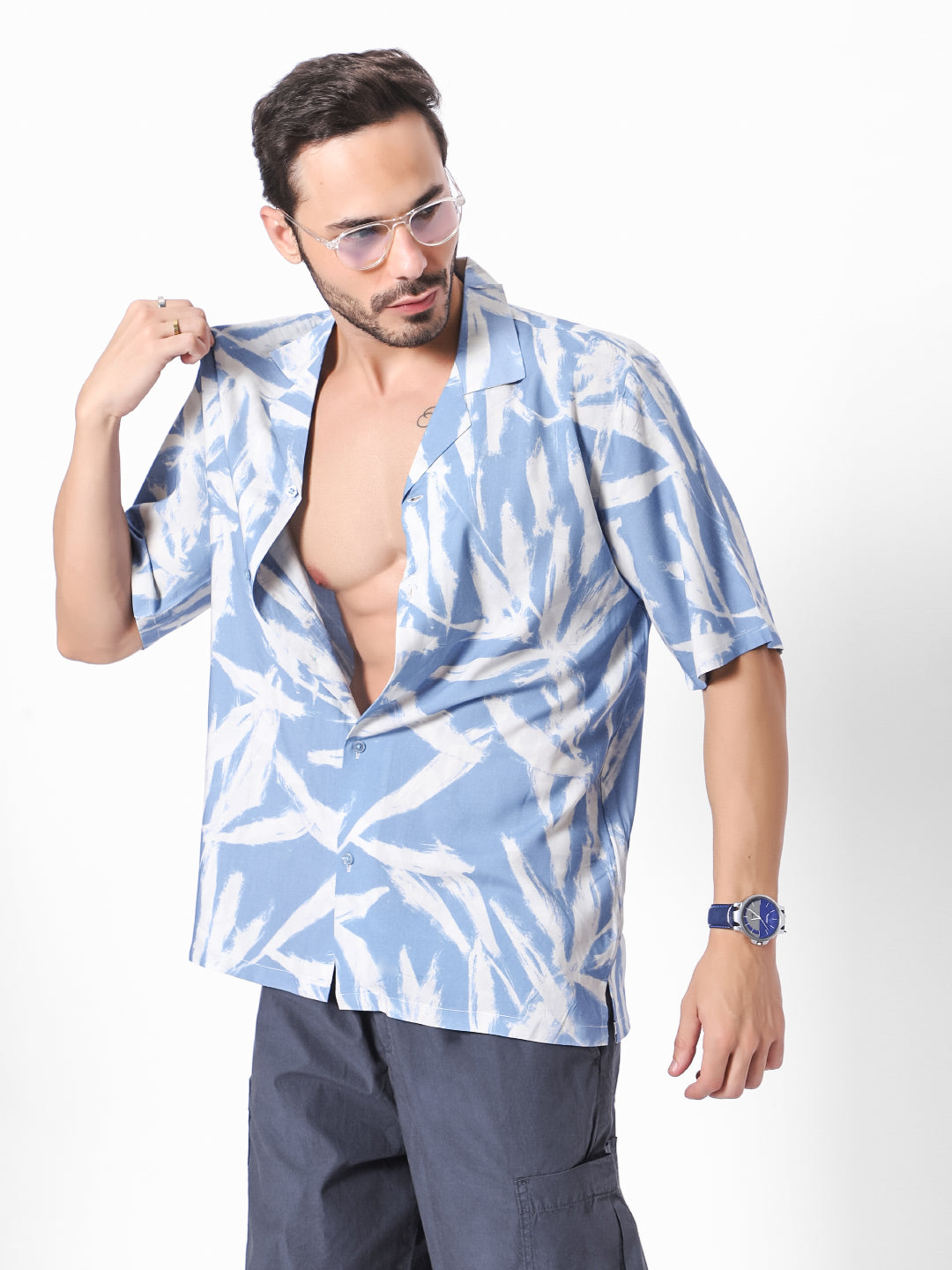 Distressed Leaves Oversized Viscose Shirt