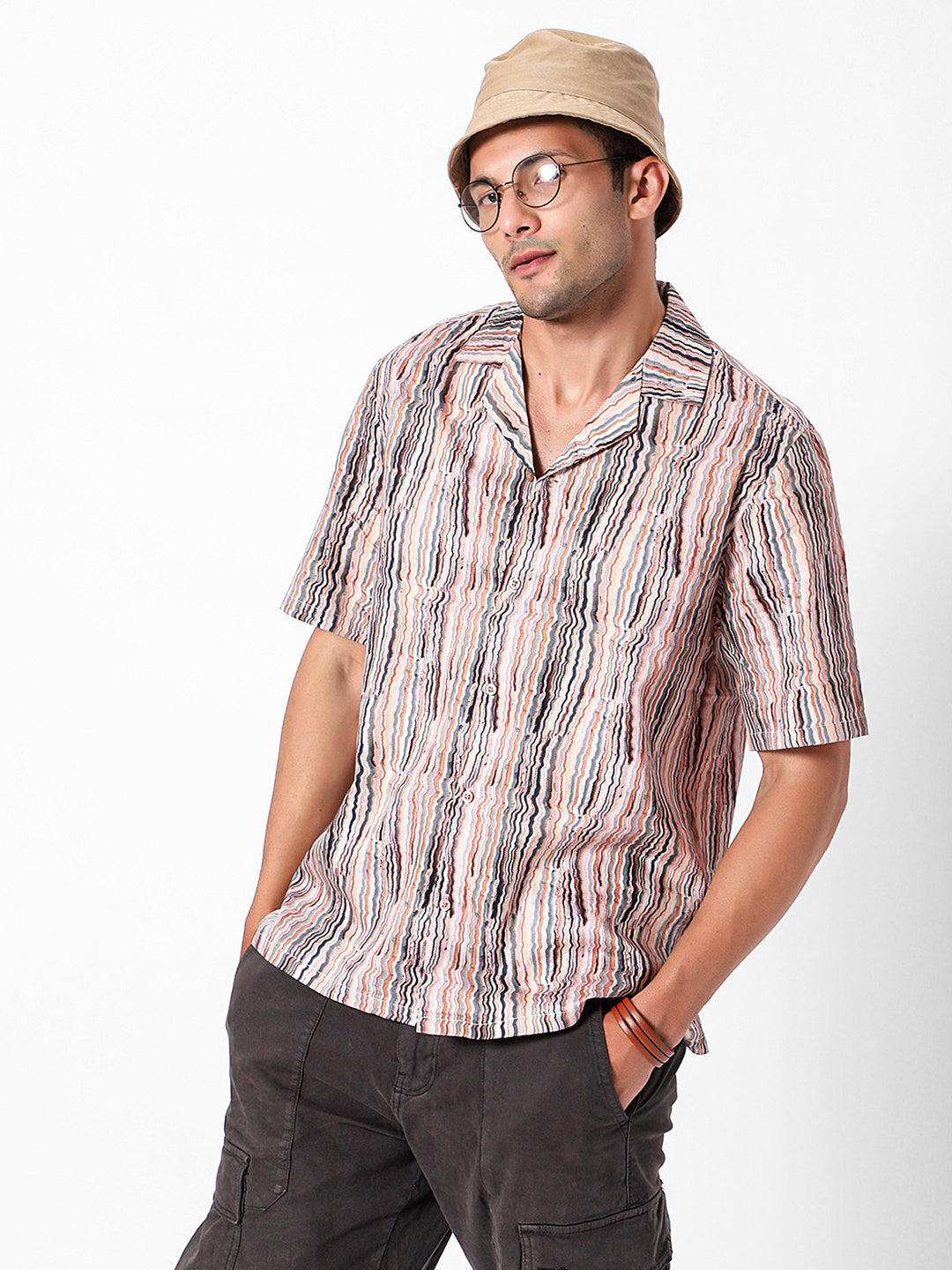 Vertical Swirl Lines Oversized Cotton Shirt